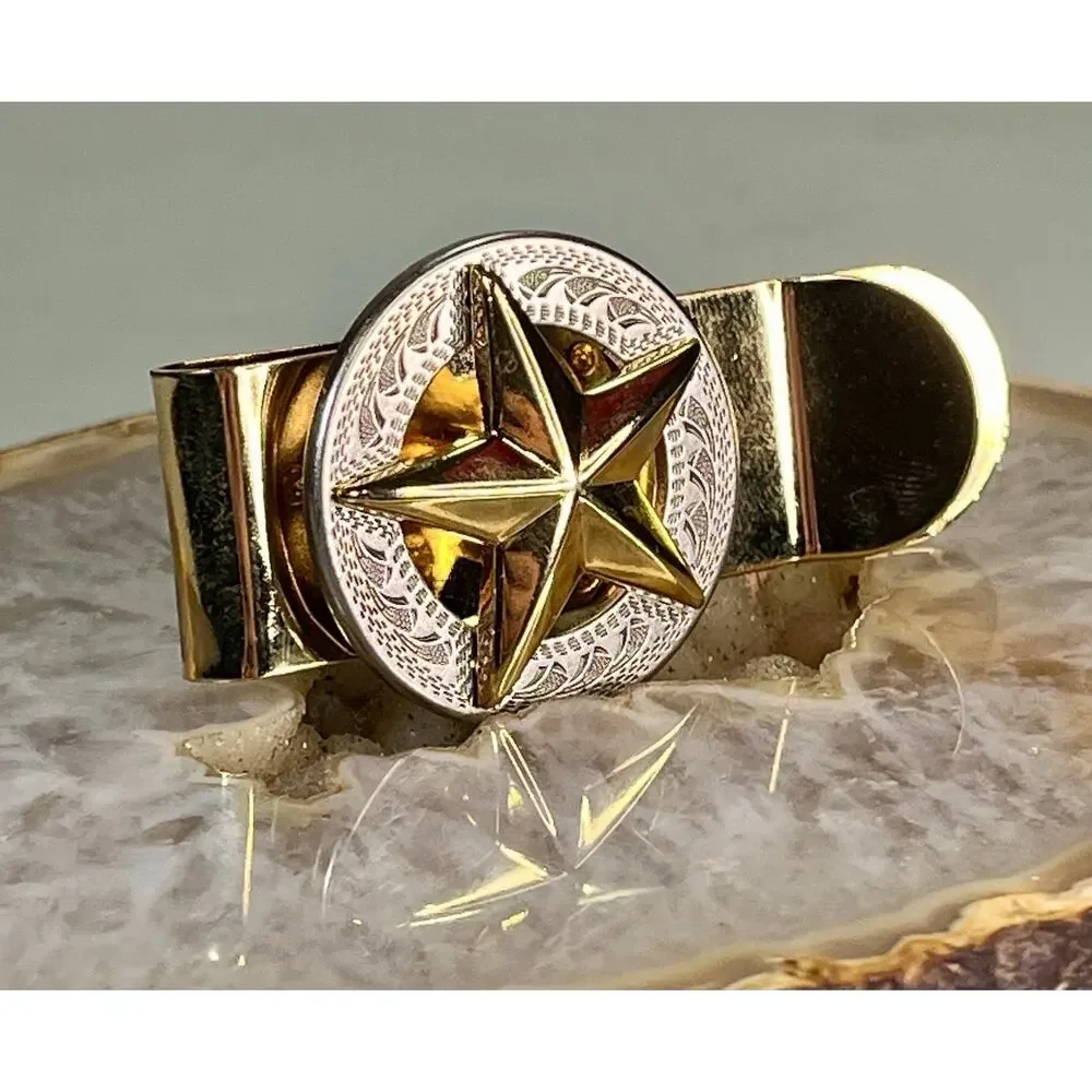 Texas Lone Star Gold Tone Money Clip Western Engraved Round Medallion